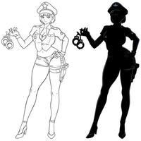 Anime Police Officer Line Art and Silhouette vector