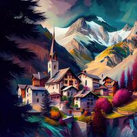 increíble paisaje Arte - pueblo en el Alpes ilustración - ai generado foto