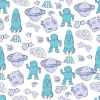 Space Background for Kids. Vector Seamless Pattern with Cartoon Rockets, Planets, Stars, Comets. space theme seamless pattern with hand drawn doodles.