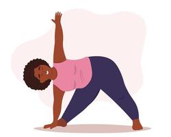 Plump woman doing yoga, meditating. Fat active exercise for balance, weight loss. Vector flat graphics.