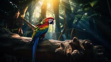 Colorful Macaw bird in forest background. . photo