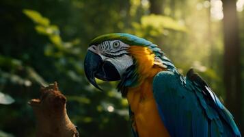 Colorful Macaw bird in forest background. . photo