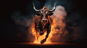 Bull running on fire. Business bull market concept. Ai generated photo