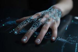 Hand touching digital data network. Communication with artificial intelligence. photo