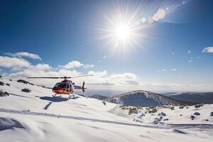 Search and rescue operation in mountains. Medical rescue helicopter landing in snowy mountains. Created with photo