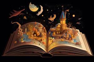 Open magical book with fantasy landscape over pages. Created with photo