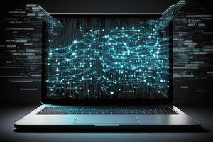 Digital data and network connection on laptop screen. Big data analysis. Network information and data protection concept. Created with photo
