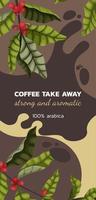 Vector illustration concept of advertising coffee with branches and berries of coffee tree in cartoon style. Take away coffee vertical banner or brochure on brown background