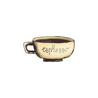 Vector illustration of espresso coffee mug in the style of freehand drawing in color. Hot coffee mug icon for menu, logo or banner design