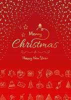 Merry Christmas and happy new year vector poster or greeting card design with hand drawn doodles elements. Xmas banner with gold gradient on red background.