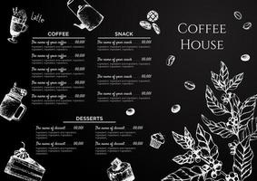 Stock vector template coffee house or restaurant menu. A beverage flyer for bar and cafe. Template with hand-drawn vintage illustration coffee and desserts by chalk on the black board.