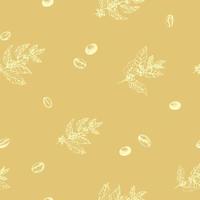 Seamless pattern with coffee beans and branches. Illustration grains and trees of coffee in sketch engraving style. Vintage gold background. vector