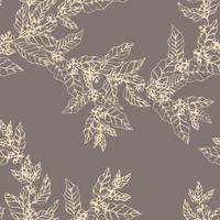 Seamless pattern with coffee branches. Illustration of leaves and berries of coffee in sketch engraving style. Vintage grey background with leaves and coffee. vector