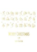 Merry Christmas and happy new year vector poster or greeting card design with hand drawn doodles elements. Xmas banner with gold gradient.