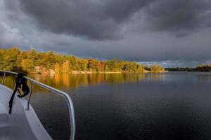 view of autumn leaves from a boat at a lake photo