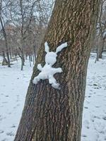 Snow rabbit on a tree trunk photo