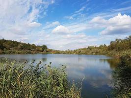 hermosa lago en un pueblo cerca un pino bosque foto