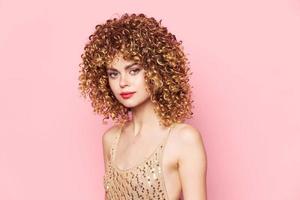 Woman portrait Curly hair red lips charming luxury look photo