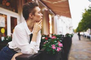 short haired woman reading walk in the fresh air Lifestyle photo