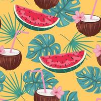 Seamless pattern with tropical leaves, watermelon, coconut. vector