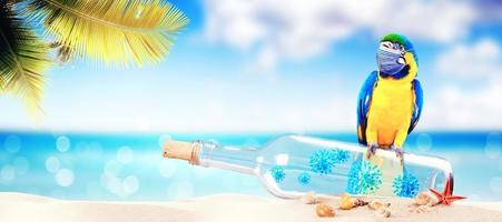 Message in a bottle with corona virus and parrot on vacation photo