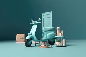 E-commerce concept, Delivery service in mobile app, Transportation or delivery by scooter, 3d render. photo