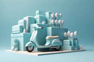 E-commerce concept, Delivery service in mobile app, Transportation or delivery by scooter, 3d render. photo