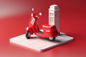 E-commerce concept, Delivery service in mobile app, Transportation or delivery by scooter, 3d render. photo