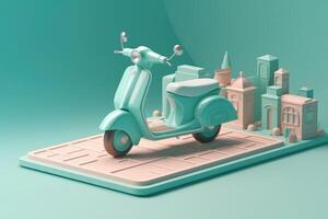 E-commerce concept, Delivery service in mobile app, Transportation or delivery by scooter, 3d render. photo