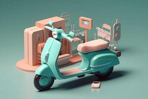 E-commerce concept, Delivery service in mobile app, Transportation or delivery by scooter, 3d render. photo
