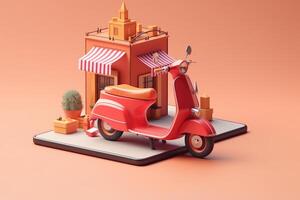 E-commerce concept, Delivery service in mobile app, Transportation or delivery by scooter, 3d render. photo