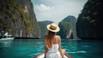 Happy tourist woman in white summer dress resting on boat in beautiful travel concept to Thailand. photo