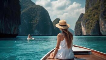 Happy tourist woman in white summer dress resting on boat in beautiful travel concept to Thailand. photo