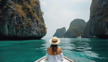 Happy tourist woman in white summer dress resting on boat in beautiful travel concept to Thailand. photo