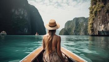 Happy tourist woman in white summer dress resting on boat in beautiful travel concept to Thailand. photo