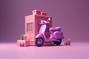 E-commerce concept, Delivery service in mobile app, Transportation or delivery by scooter, 3d render. photo