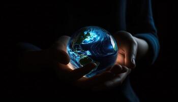 Shiny round world in human hands at night time. Earth Day. Energy saving concept. photo