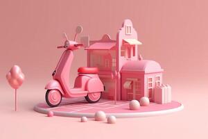 E-commerce concept, Delivery service in mobile app, Transportation or delivery by scooter, 3d render. photo