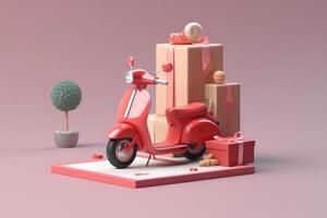 E-commerce concept, Delivery service in mobile app, Transportation or delivery by scooter, 3d render. photo