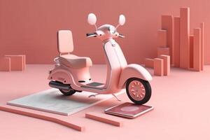 E-commerce concept, Delivery service in mobile app, Transportation or delivery by scooter, 3d render. photo