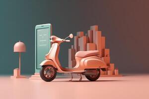 E-commerce concept, Delivery service in mobile app, Transportation or delivery by scooter, 3d render. photo