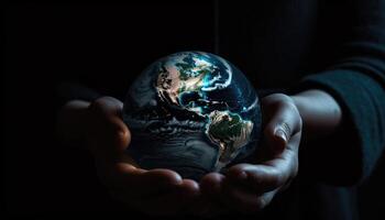 Shiny round world in human hands at night time. Earth Day. Energy saving concept. photo