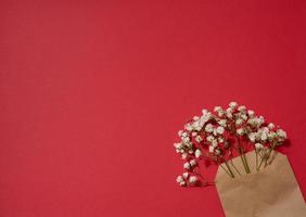 Bouquet of white gypsophila in a brown kraft paper bag on a red background, top view photo