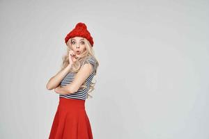 blonde in a striped T-shirt Red Hat cropped view glamor photo