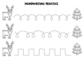 Tracing lines for kids. Cute reindeer and fir tree. Writing practice. vector