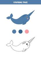 Color cute cartoon narwhal. Worksheet for kids. vector