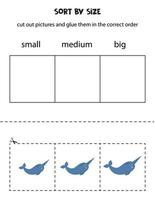 Sort cute narwhals by size. Educational worksheet for kids. vector