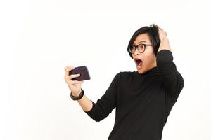 Playing Mobile Game on Smartphone Of Handsome Asian Man Isolated On White Background photo