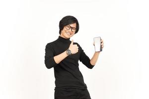 Showing Apps or Ads On Blank Screen Smartphone Of Handsome Asian Man Isolated On White Background photo