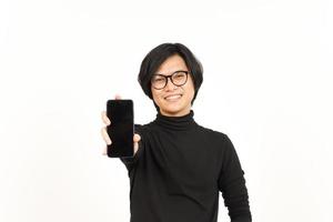 Showing Apps or Ads On Blank Screen Smartphone Of Handsome Asian Man Isolated On White Background photo